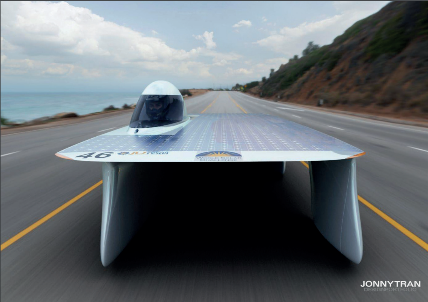 Solbilen Magic i full fart på en väg