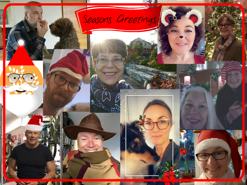Collage av julbilder med Encells medarbetare, "Seasons Greetings".