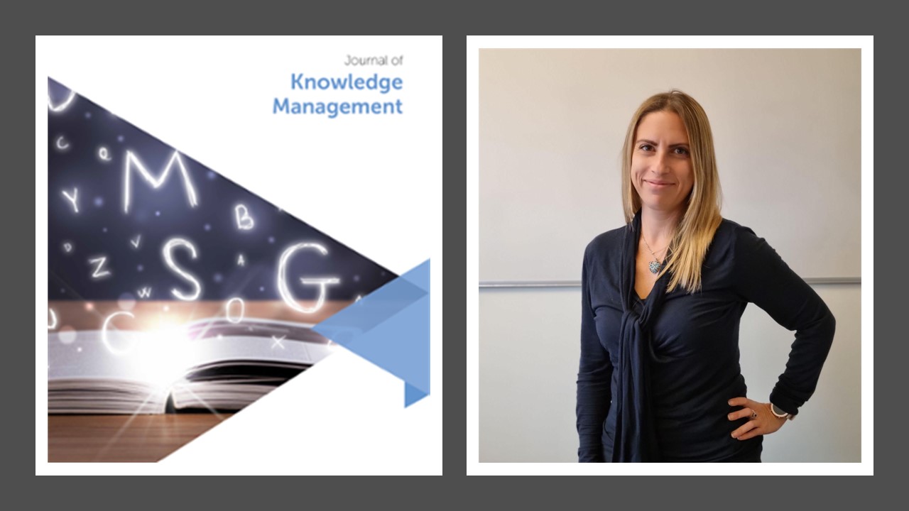 Journal cover for the Journal of Knowledge Management side by side with an image of a woman smiling toward the camera