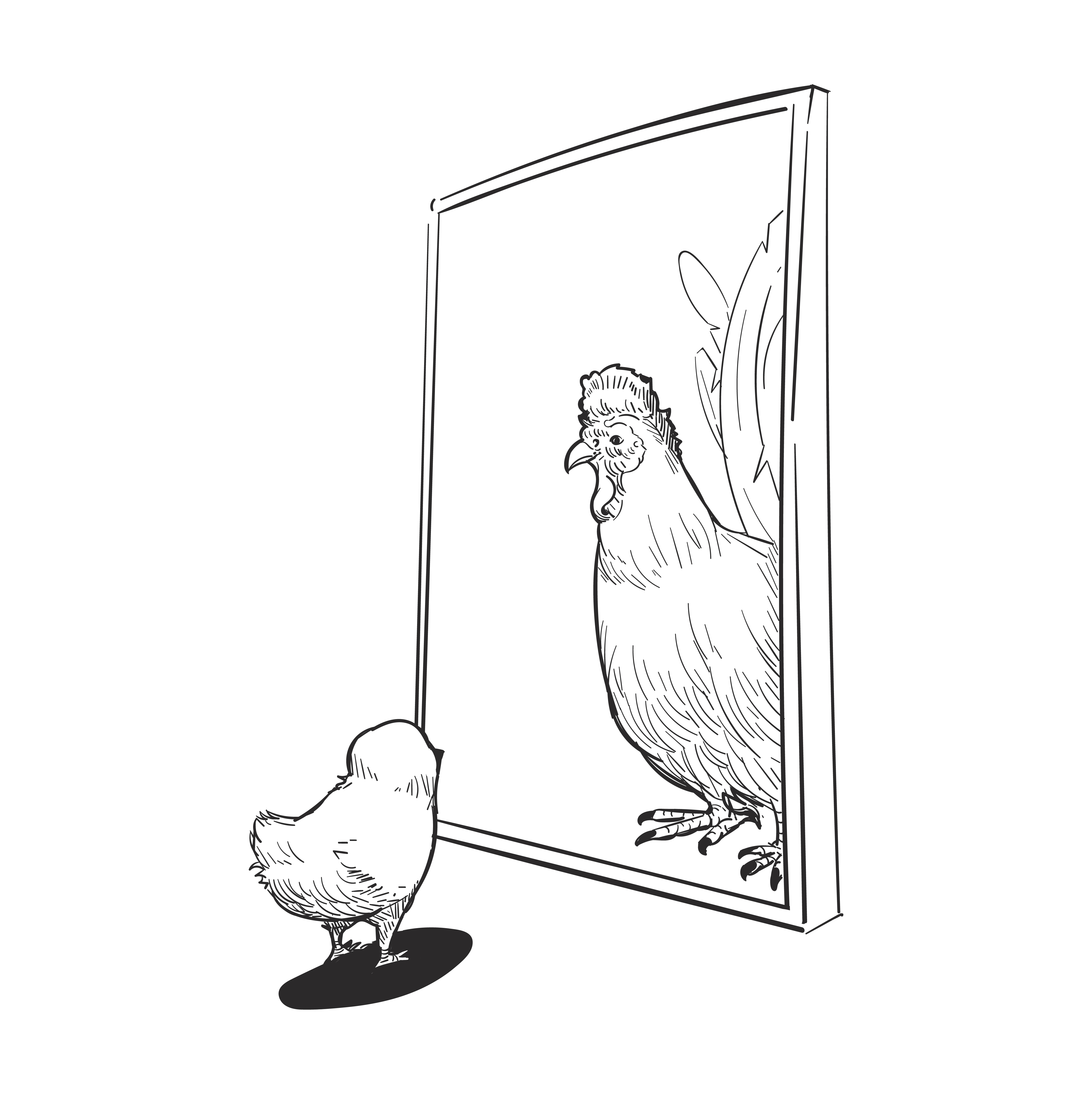 chicken looks in mirror see a roaster