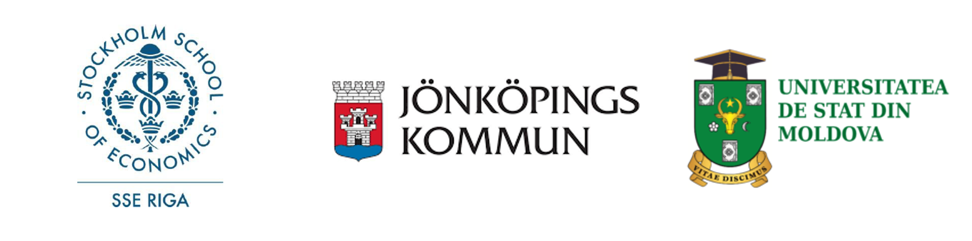 Logos for Jönköping municipality, Moldova State University, and Stockholm school of economics in Riga